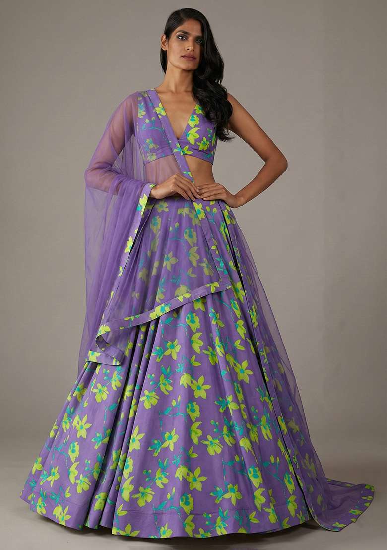 Lavender Floral Print Satin Lehenga Set for Diwali and Festive Wear - Indya