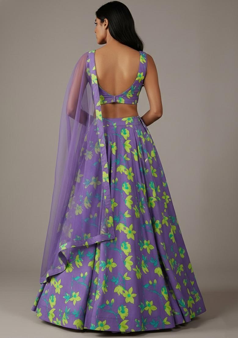 Lavender Floral Print Satin Lehenga Set - Indya