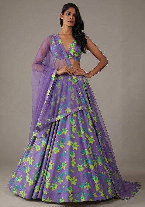 Lavender Floral Print Satin Lehenga Set