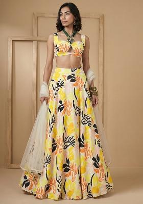 Light Yellow Floral Print Silk Lehenga Set