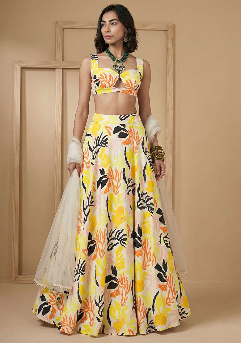 Light Yellow Silk Blend Lehenga Set with Floral Print for Diwali | Wedding & Festive Wear - Indya