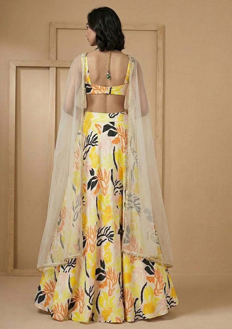 Light Yellow Floral Print Silk Lehenga Set - Indya