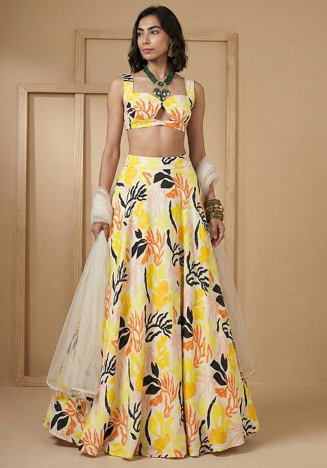 Light Yellow Floral Print Silk Lehenga Set