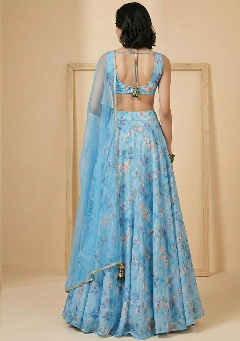 Light Blue Floral Print Silk Lehenga Set - Indya