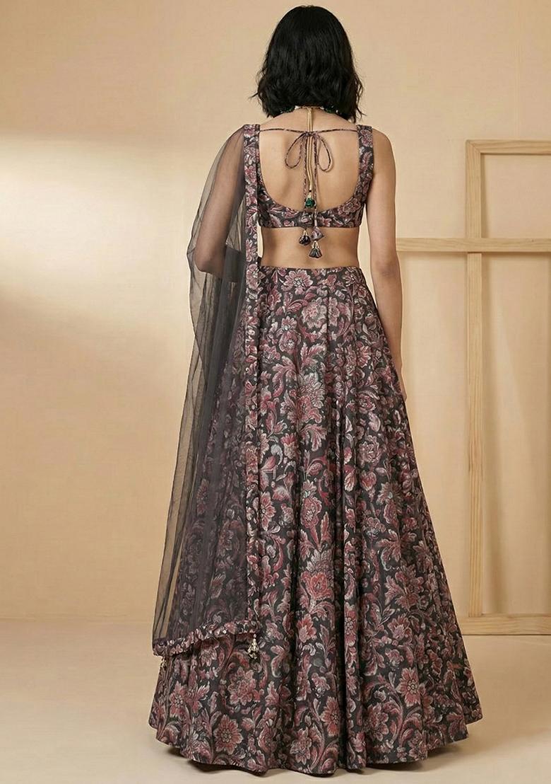 Charcoal Grey Floral Print Silk Lehenga Set - Indya