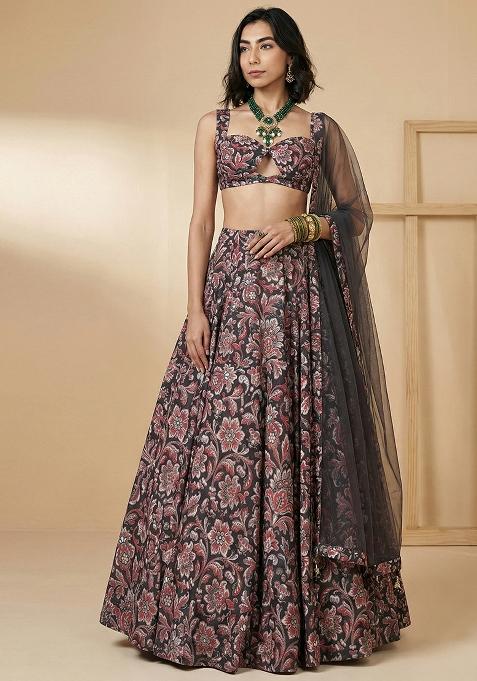 Charcoal Grey Floral Print Silk Lehenga Set