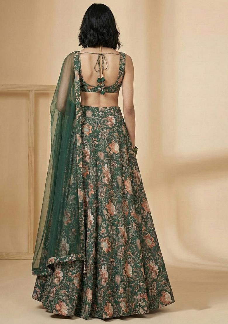 Dark Green Floral Print Silk Lehenga Set - Indya