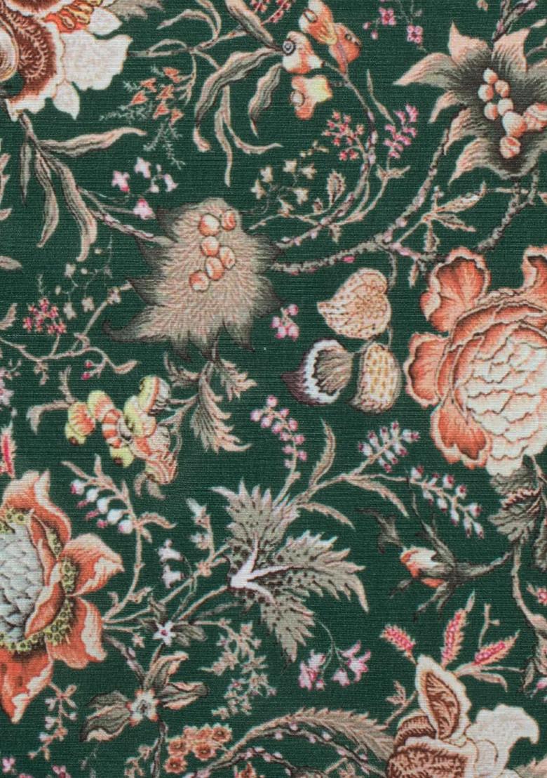 Dark Green Floral Print Silk Lehenga Set - Indya