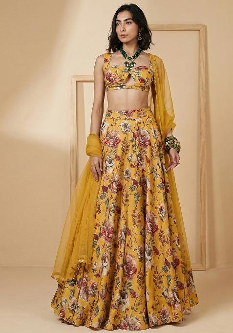 Mustard Floral Print Silk Lehenga Set