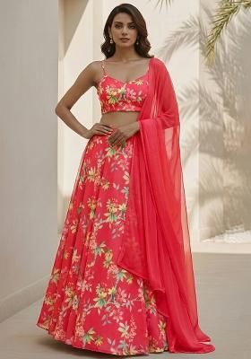 Coral Pink Floral Print Georgette Lehenga Set