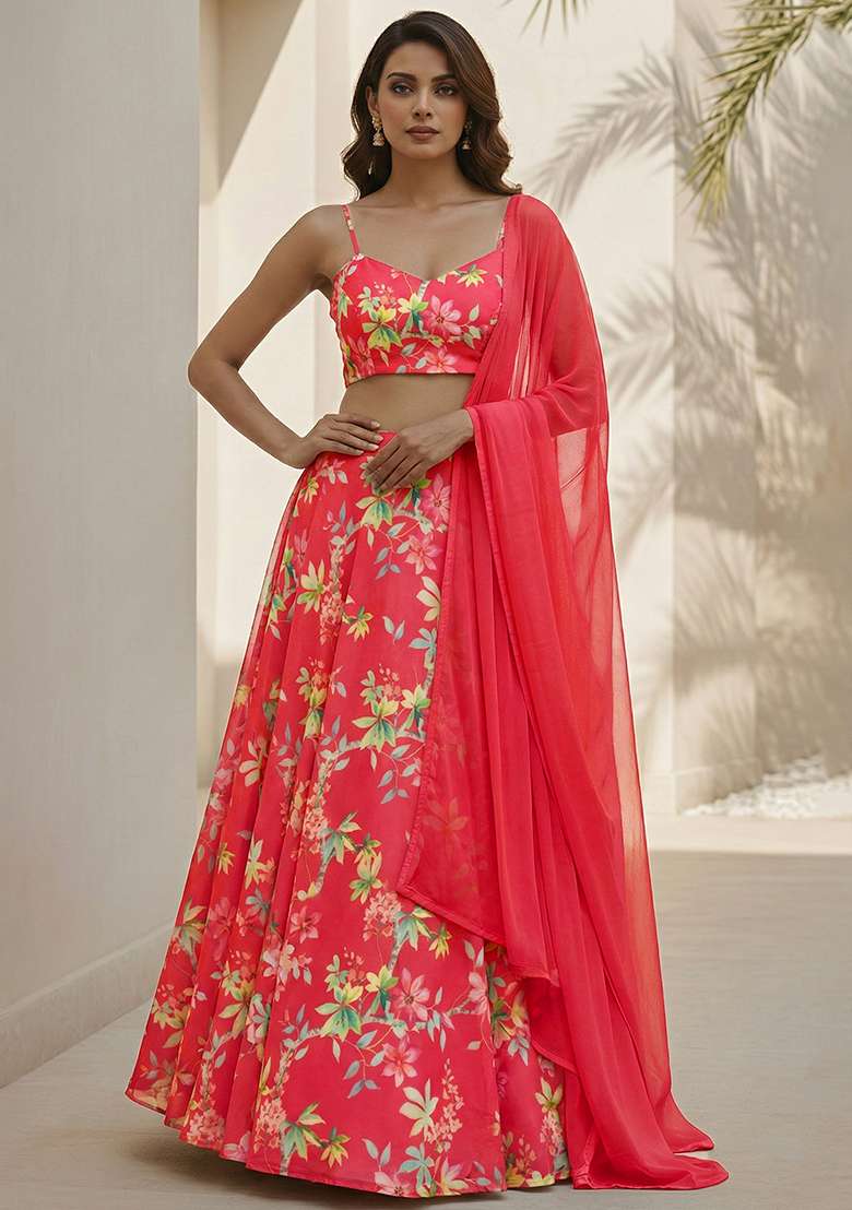 Coral Pink Georgette Lehenga Set with Floral Print for Diwali | Wedding & Festive Wear - Indya