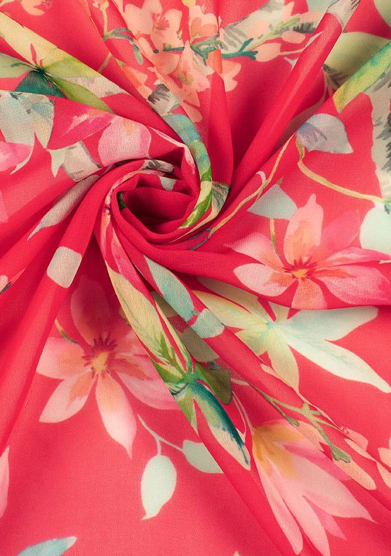 Coral Pink Georgette Lehenga Set with Floral Print for Diwali | Wedding & Festive Wear - Indya