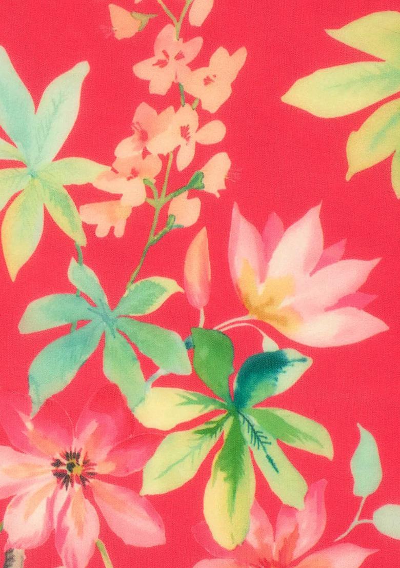 Coral Pink Floral Print Georgette Lehenga Set - Indya