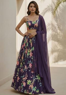 Purple Floral Print Georgette Lehenga Set