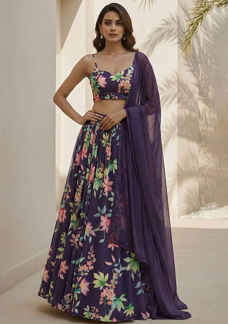 Purple Georgette Lehenga Set with Floral Print for Diwali | Wedding & Festive Wear - Indya