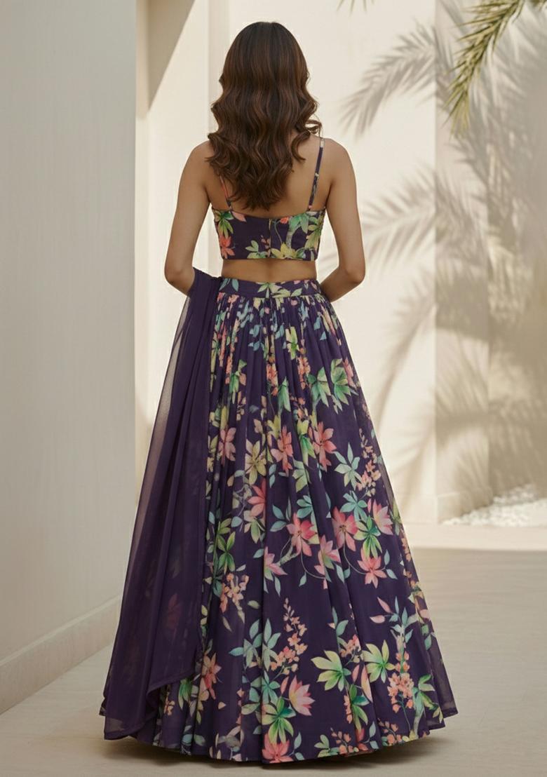 Purple Floral Print Georgette Lehenga Set - Indya