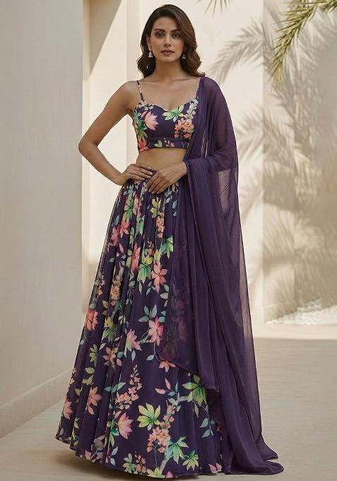 Purple Floral Print Georgette Lehenga Set