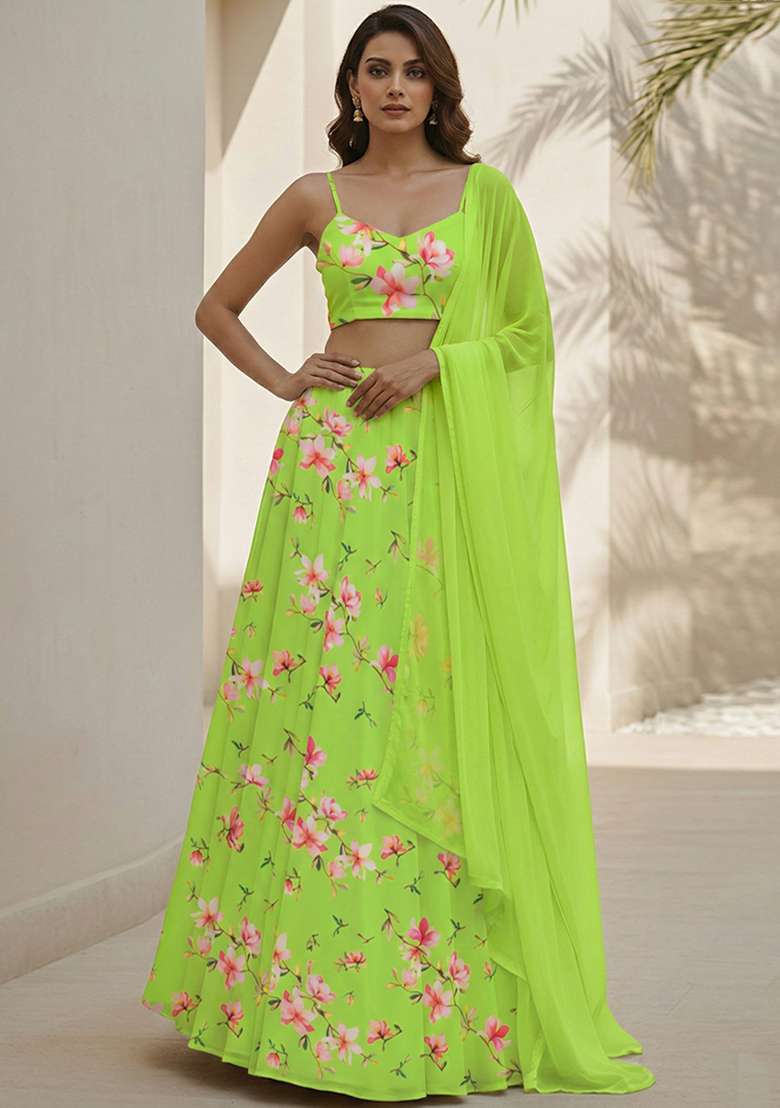 Leaf Green Georgette Lehenga Set with Floral Print for Diwali | Wedding & Festive Wear - Indya