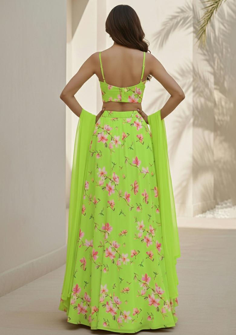 Leaf Green Floral Print Georgette Lehenga Set - Indya