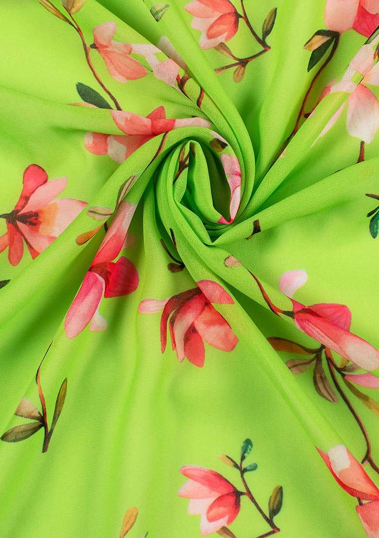 Leaf Green Georgette Lehenga Set with Floral Print for Diwali | Wedding & Festive Wear - Indya