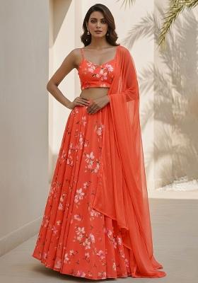 Coral Orange Floral Print Georgette Lehenga Set