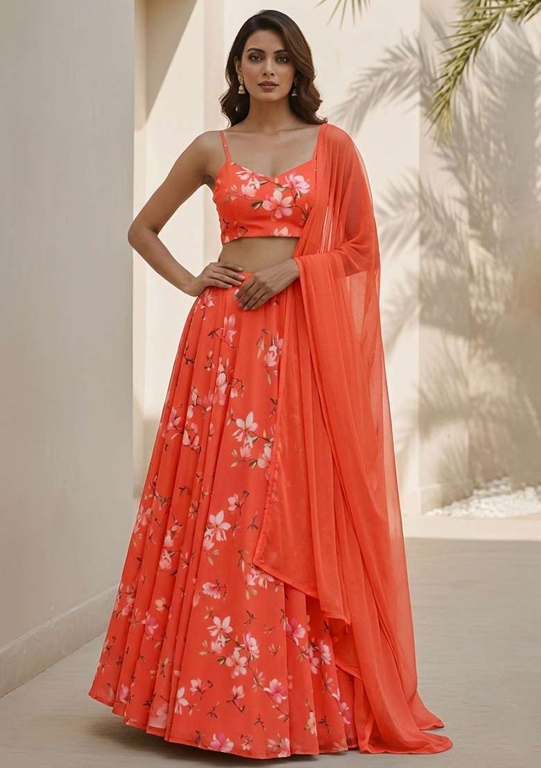 Coral Orange Floral Print Georgette Lehenga Set for Diwali and Festive Wear - Indya