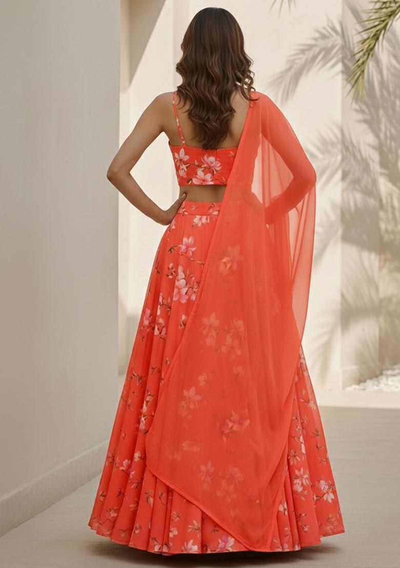 Coral Orange Floral Print Georgette Lehenga Set - Indya