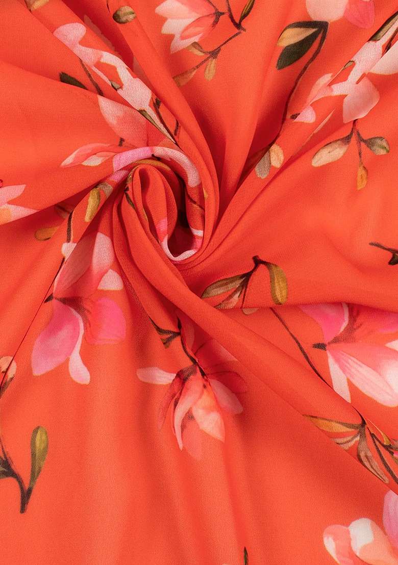 Coral Orange Floral Print Georgette Lehenga Set for Diwali and Festive Wear - Indya