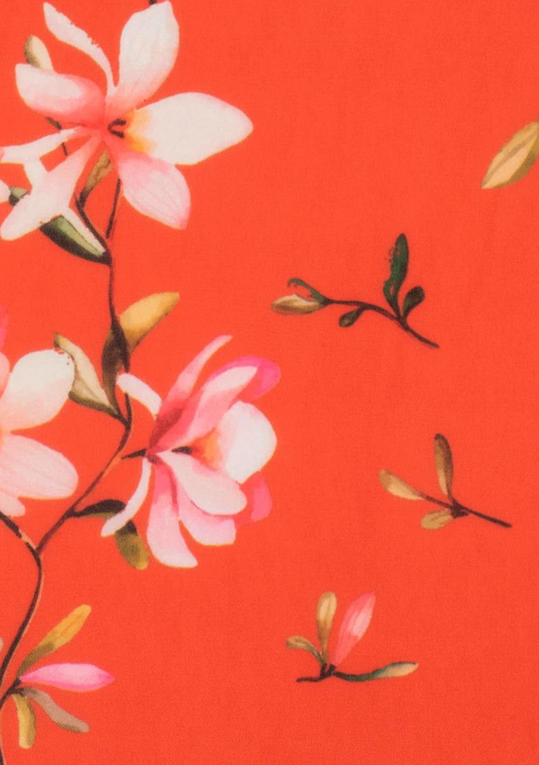 Coral Orange Floral Print Georgette Lehenga Set - Indya