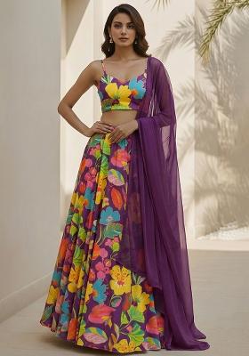 Purple Floral Print Georgette Lehenga Set