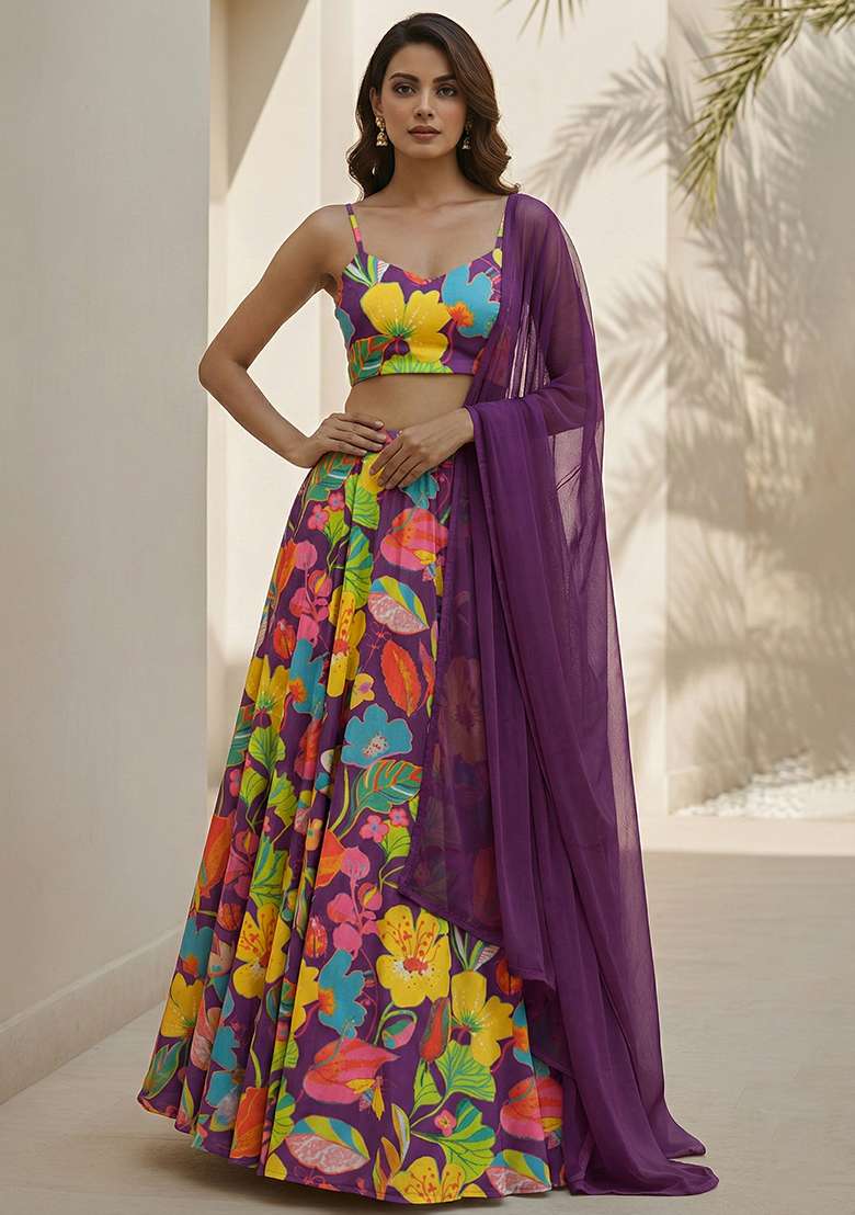Purple Georgette Lehenga Set with Floral Print for Diwali | Wedding & Festive Wear - Indya