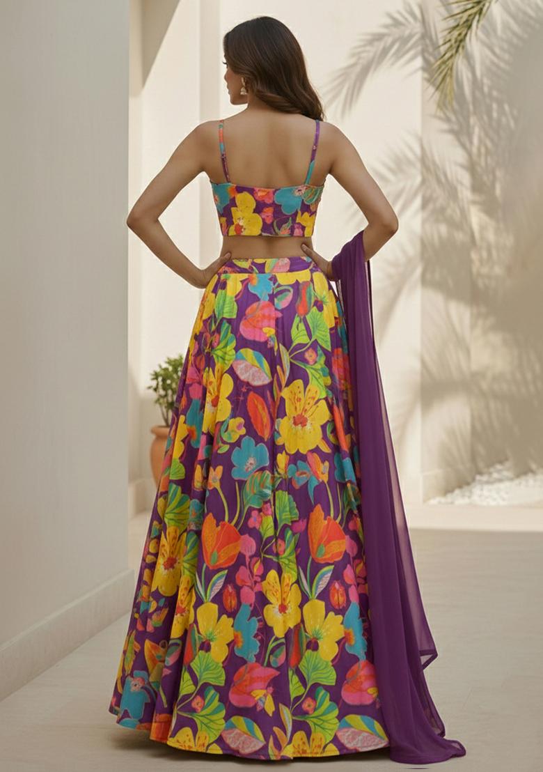 Purple Floral Print Georgette Lehenga Set - Indya