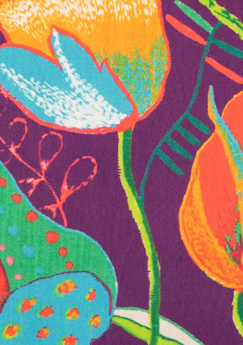 Purple Floral Print Georgette Lehenga Set - Indya