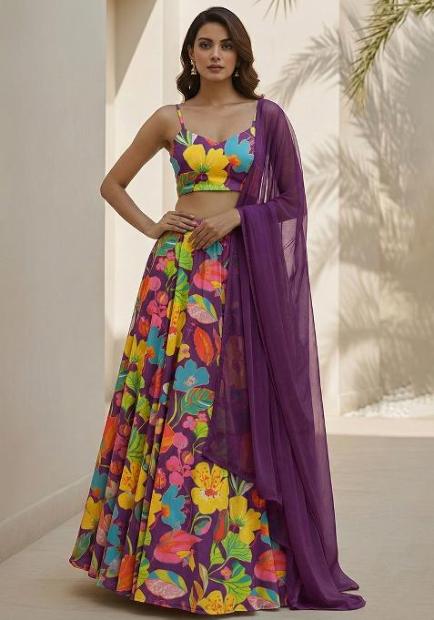 Purple Floral Print Georgette Lehenga Set
