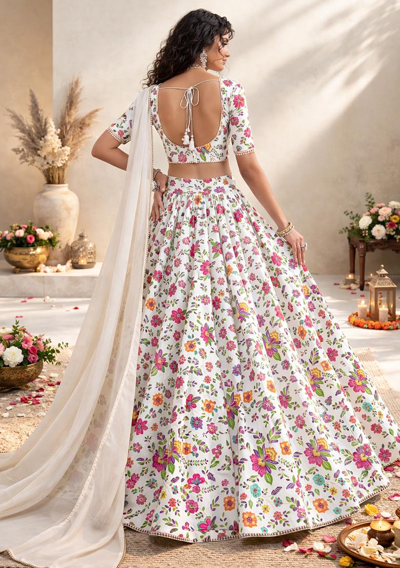 Multicolor Embroidered Crepe Lehenga Set - Indya