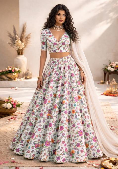 Multicolor Embroidered Crepe Lehenga Set