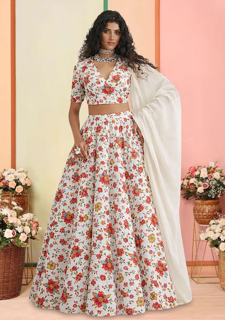 Multicolor Crepe Lehenga Set with Embroidered for Diwali | Wedding & Festive Wear - Indya