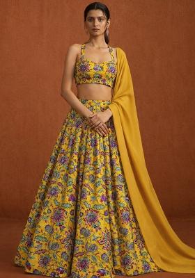Mustard Embroidered Crepe Lehenga Set