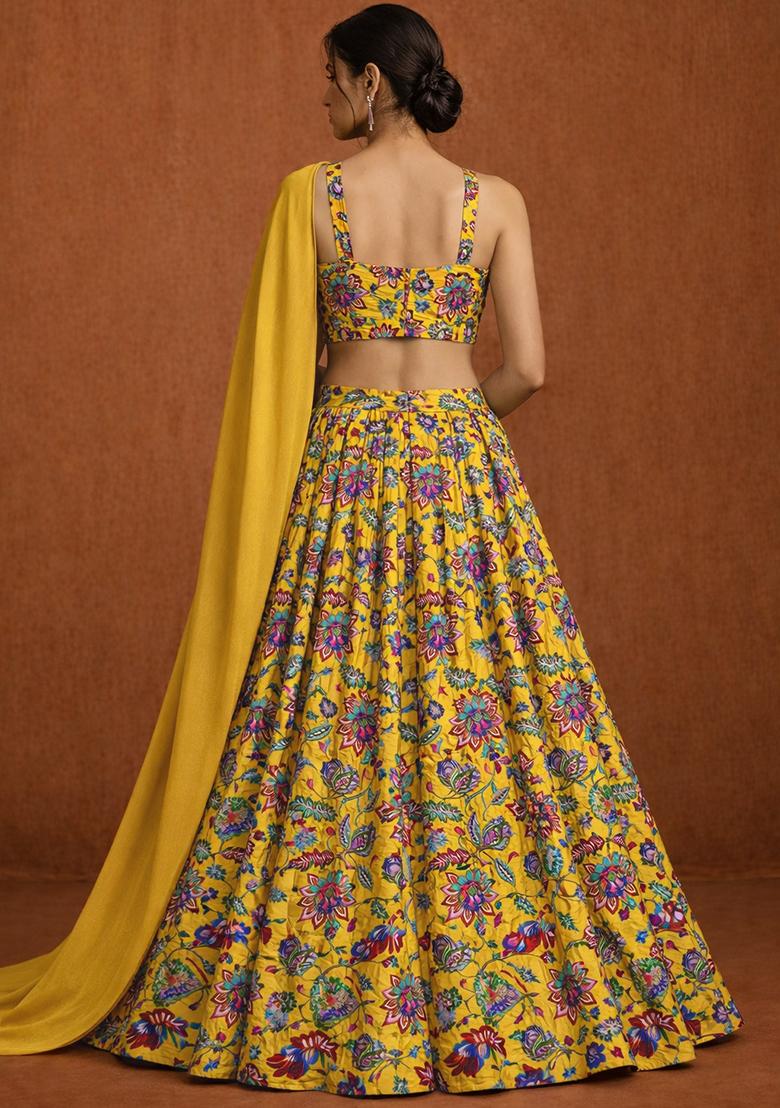 Mustard Embroidered Crepe Lehenga Set - Indya
