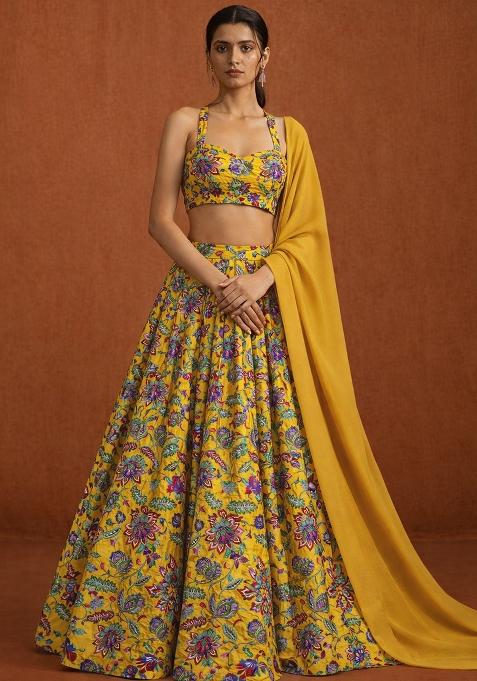 Mustard Embroidered Crepe Lehenga Set