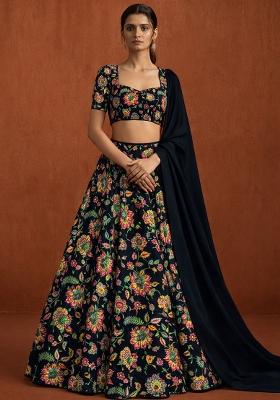 Black Embroidered Crepe Lehenga Set