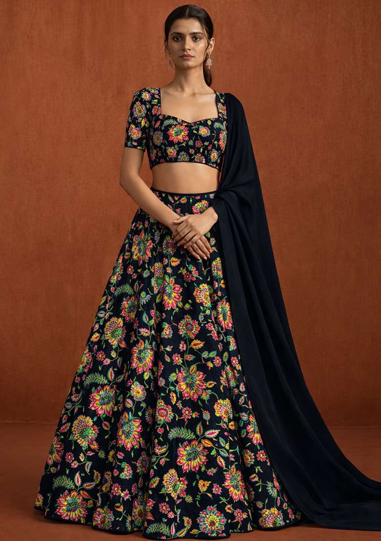 Black Embroidered Crepe Lehenga Set - Indya