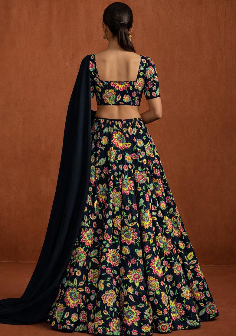 Black Embroidered Crepe Lehenga Set - Indya