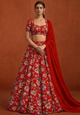 Deep Red Embroidered Crepe Lehenga Set