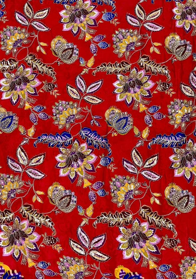 Deep Red Embroidered Crepe Lehenga Set - Indya