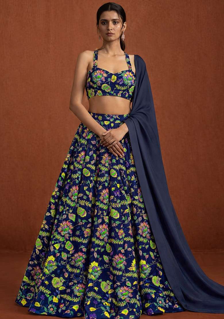 Navy Blue Embroidered Crepe Lehenga Set - Indya