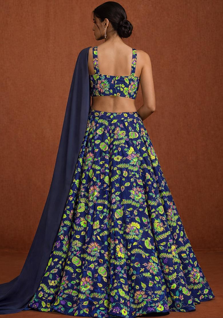 Navy Blue Embroidered Crepe Lehenga Set - Indya