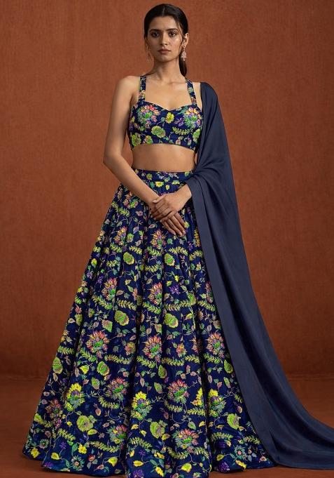 Navy Blue Embroidered Crepe Lehenga Set