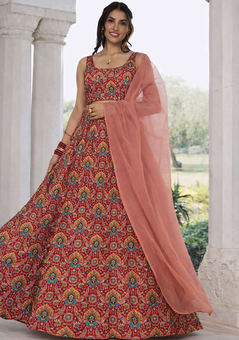 Red Embroidered Crepe Lehenga Set - Indya