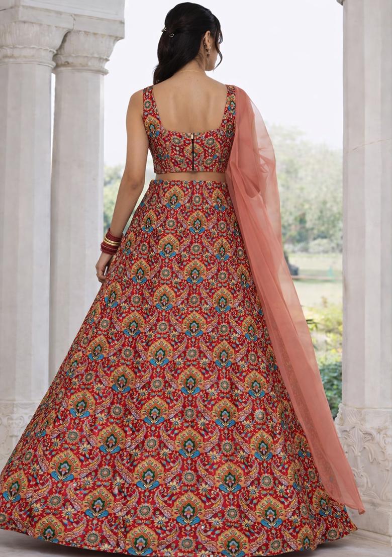 Red Embroidered Crepe Lehenga Set - Indya